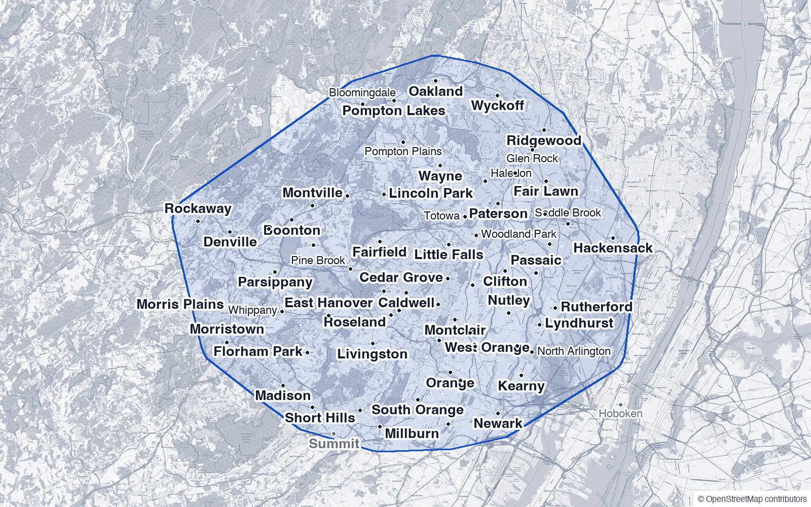Map of northern New Jersey with a blue outline around the area where travel is included: Caldwell, Montclair, Verona, Livingston, West Orange, Bloomfield, Nutley, Clifton, Passaic, Paterson, Wayne, Pompton Lakes, Oakland, Ridgewood, Hackensack, Rutherford, Kearny, Newark, South Orange, Millburn, Short Hills, Madison, Morristown, Parsippany, Denville, Rockaway, Boonton, and the towns between them. Summit, Hoboken, Paramus, and Randolph are just outside the outline.